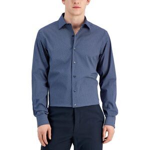 Alfani Mens Stain Resistant Puzzle Print Button Down Dress Shirt, Blue, NWT